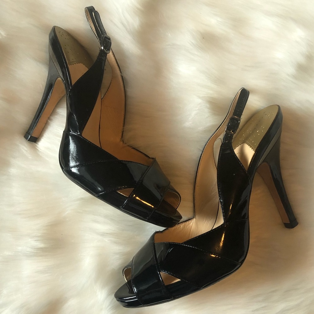 COLE HAAN Black Patent Peep Toe Heeled Sandals